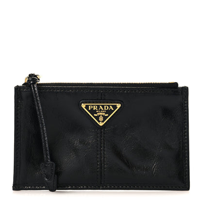 Prada Glossy Calfskin Triangle Zip Card Holder Black 1 of 7