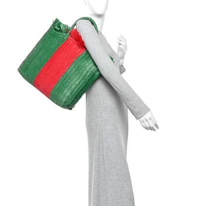 Gucci Raffia Linen Web Cestino Tote Bag Red Green 2 of 10