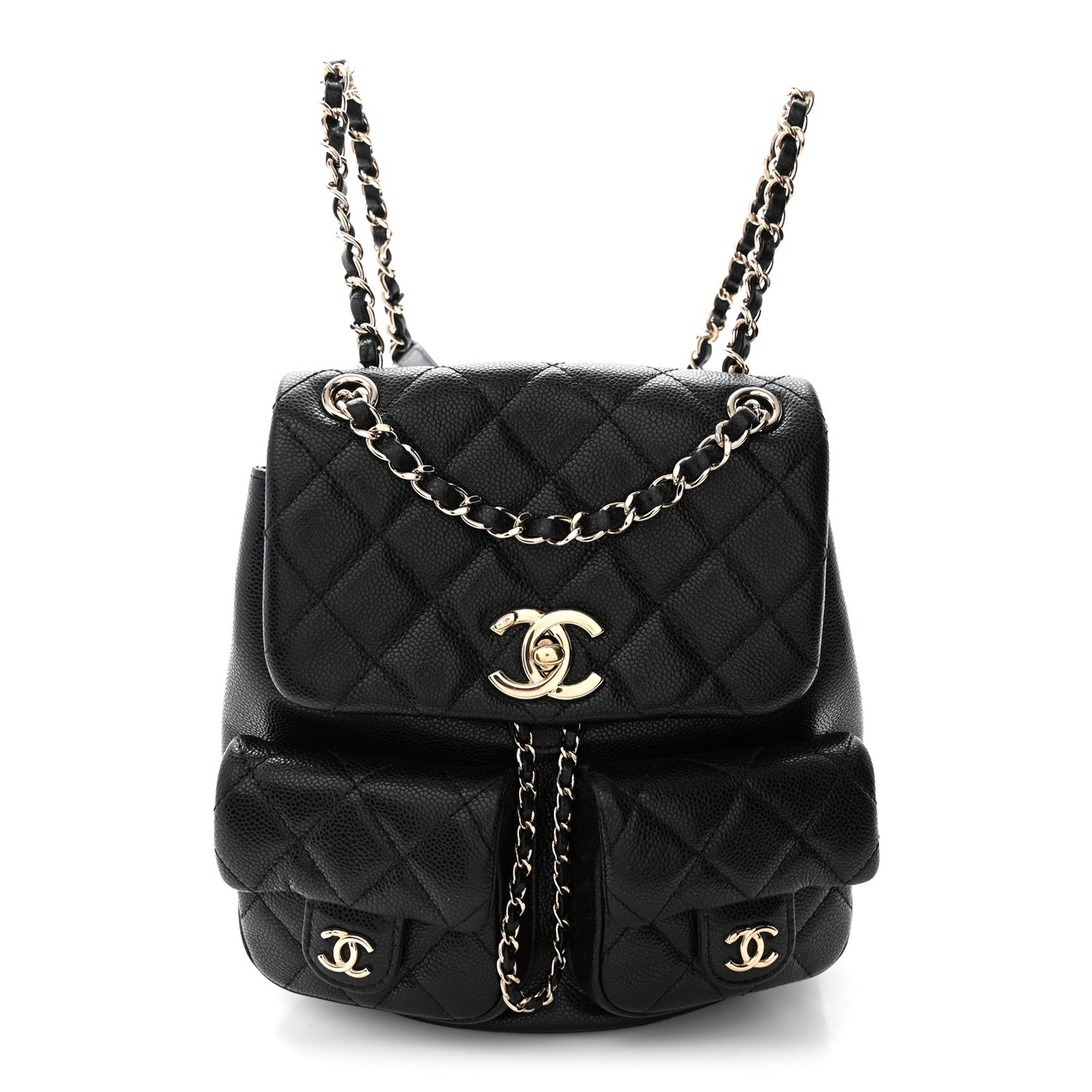 Shiny Caviar Quilted Medium Duma Pockets Drawstring Backpack Black