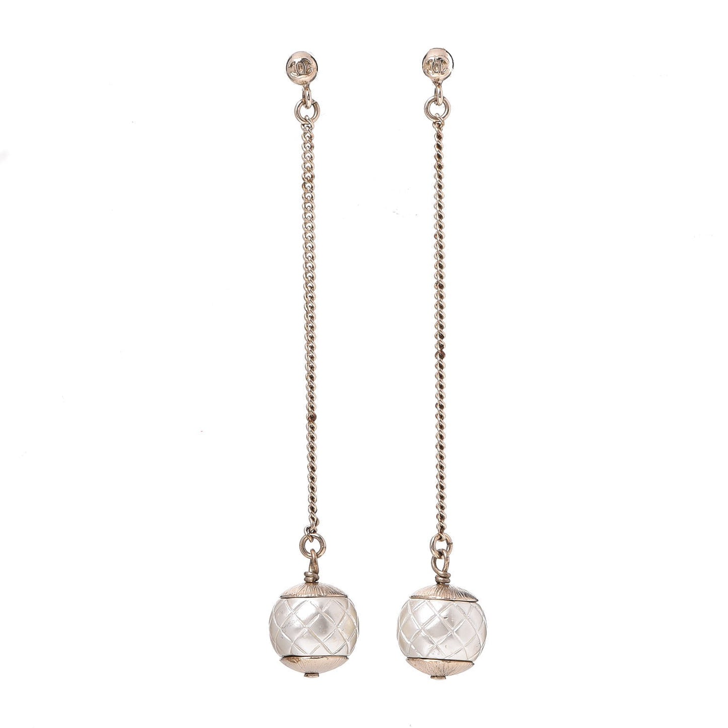 Metal Pearl Quilted CC Drop Earrings Gold