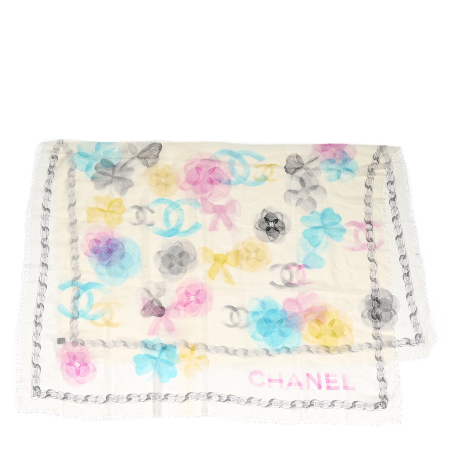Chanel Cashmere CC Camellia Scarf Shawl Ivory Multicolor 1 of 4