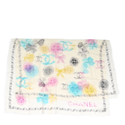 Chanel Cashmere CC Camellia Scarf Shawl Ivory Multicolor 1 of 4