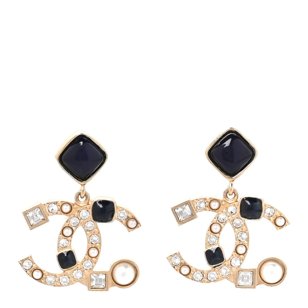 Chanel Resin Crystal Pearl CC Drop Earrings Gold Black 1 of 5