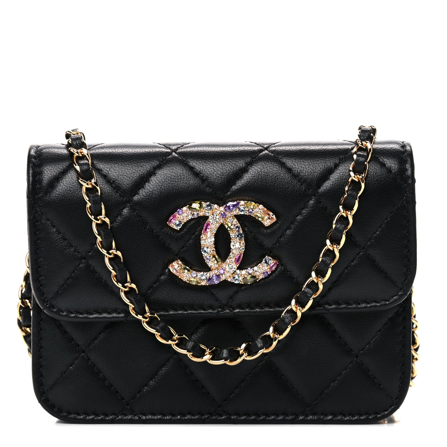 Lambskin Quilted Zirconium Clutch With Chain Black