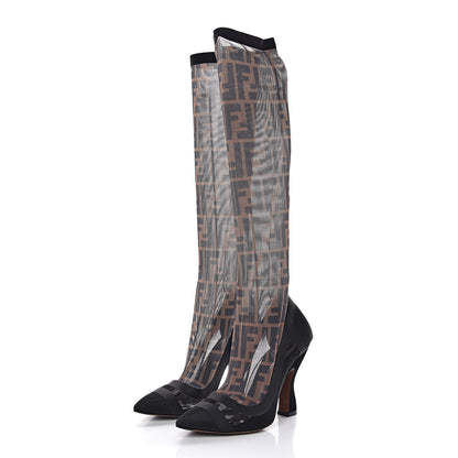 Fendi Technical Mesh FF Colibri High Heel Knee High Boots 37 Black Tobacco 2 of 12