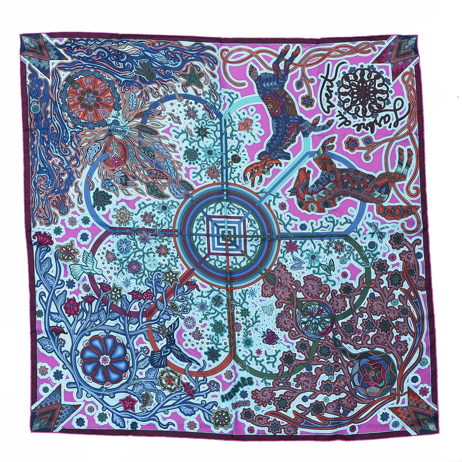 Hermes Silk L'Arbre Du Vent Scarf 90 Bleu Fuchsia Turquoise 1 of 4