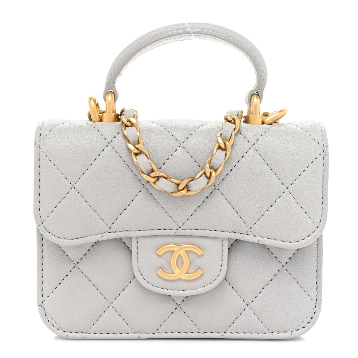 Lambskin Quilted Top Handle Flap Coin Purse With Chain Grey