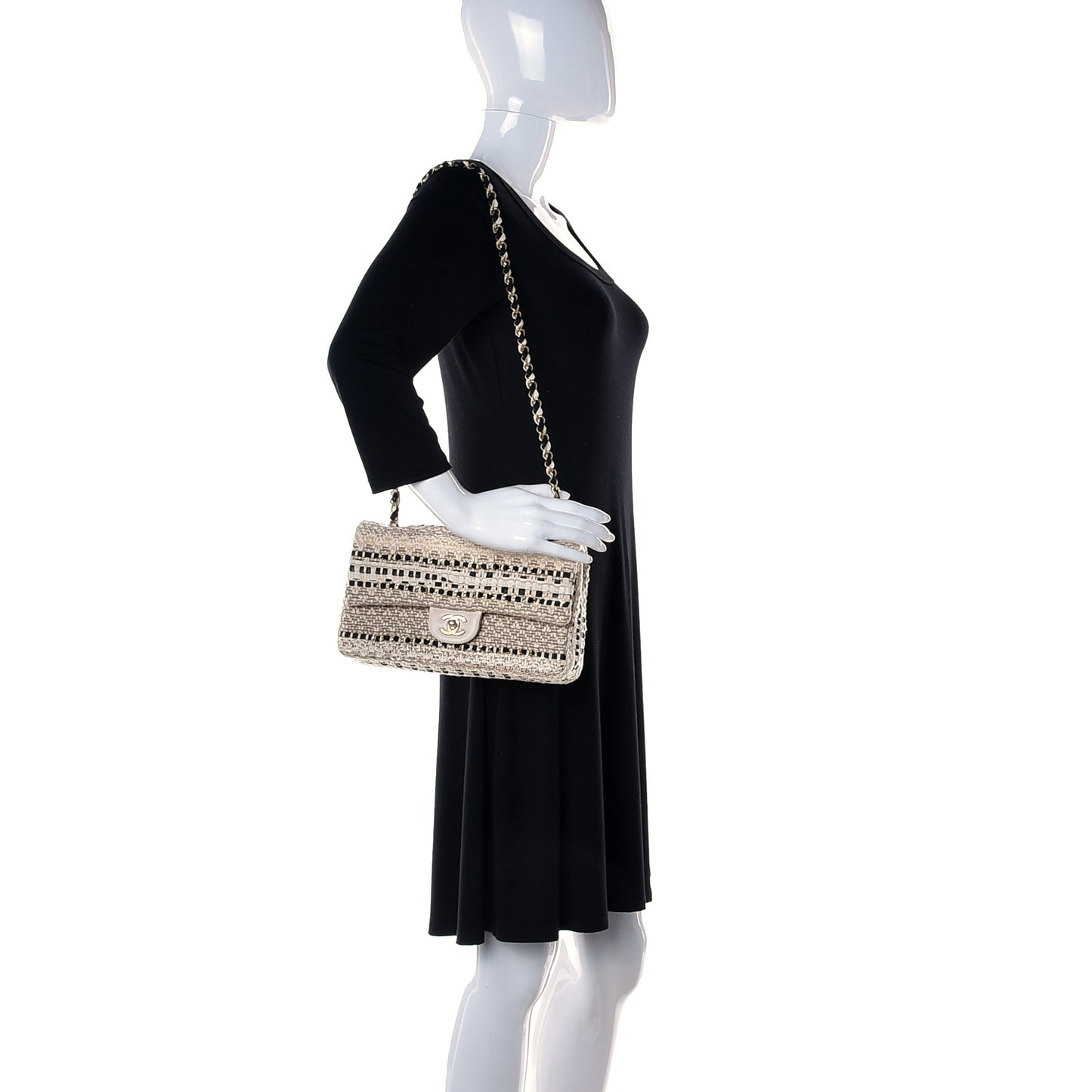 Cotton Raffia Lambskin Woven Medium Single Flap Beige Black