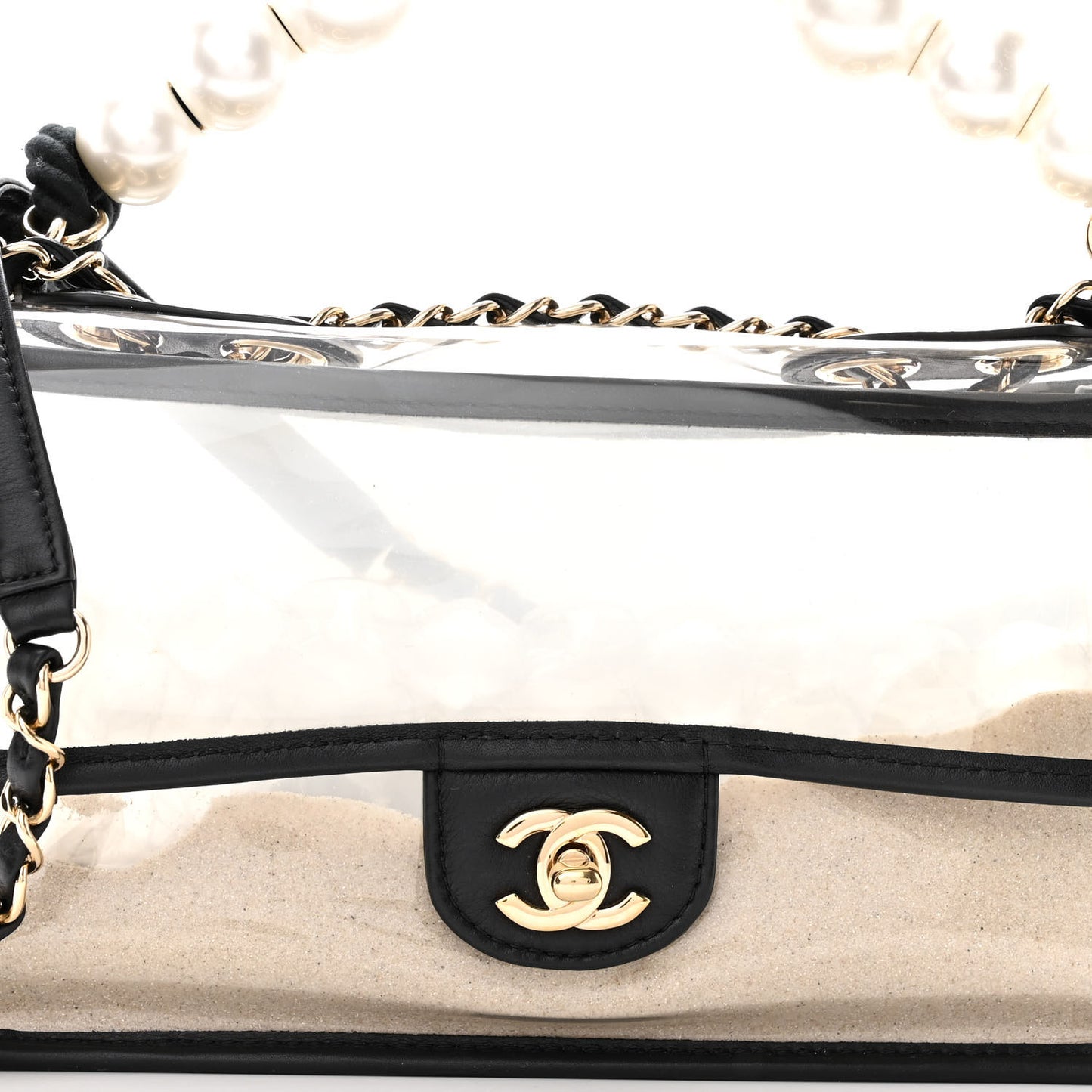 Lambskin PVC Sand By The Sea Flap With Pearl Strap Black