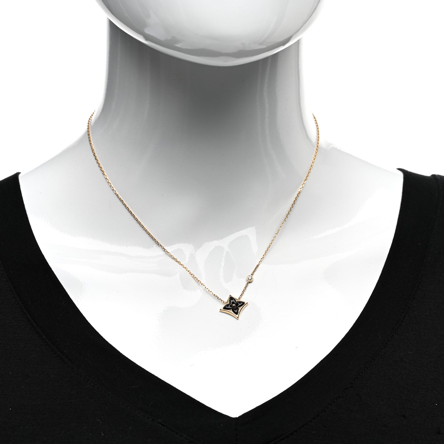18K Yellow Gold Diamond Black Onyx Color Blossom BB Star Pendant Necklace
