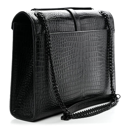 Saint Laurent Calfskin Crocodile Embossed Monogram Large Satchel Black 3 of 10