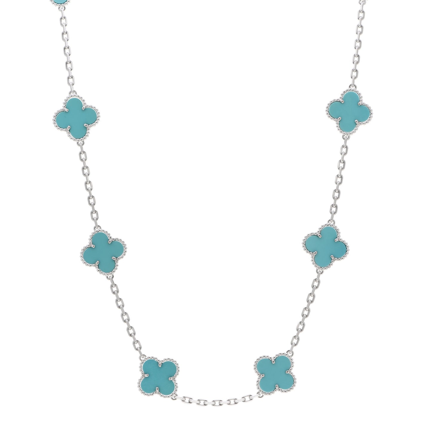 18K White Gold Turquoise 10 Motifs Vintage Alhambra Necklace