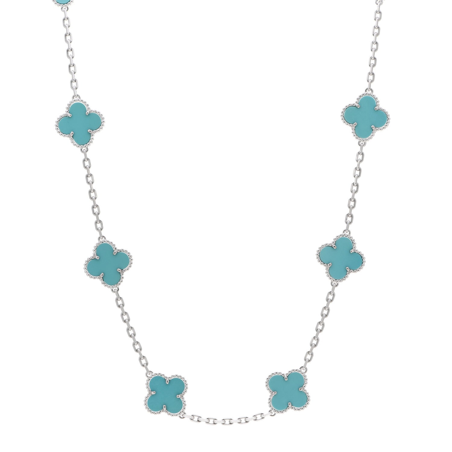 Van Cleef & Arpels 18K White Gold Turquoise 10 Motifs Vintage Alhambra Necklace 1 of 6
