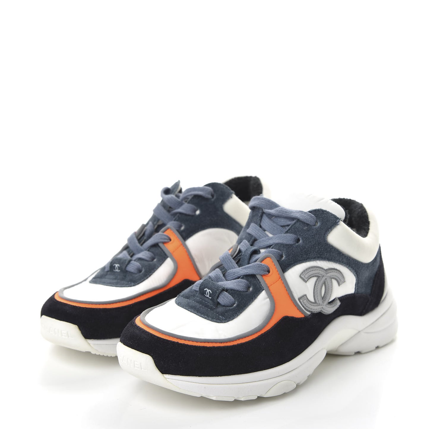 Nylon Calfskin Suede CC Womens Sneakers 36 Navy White Orange