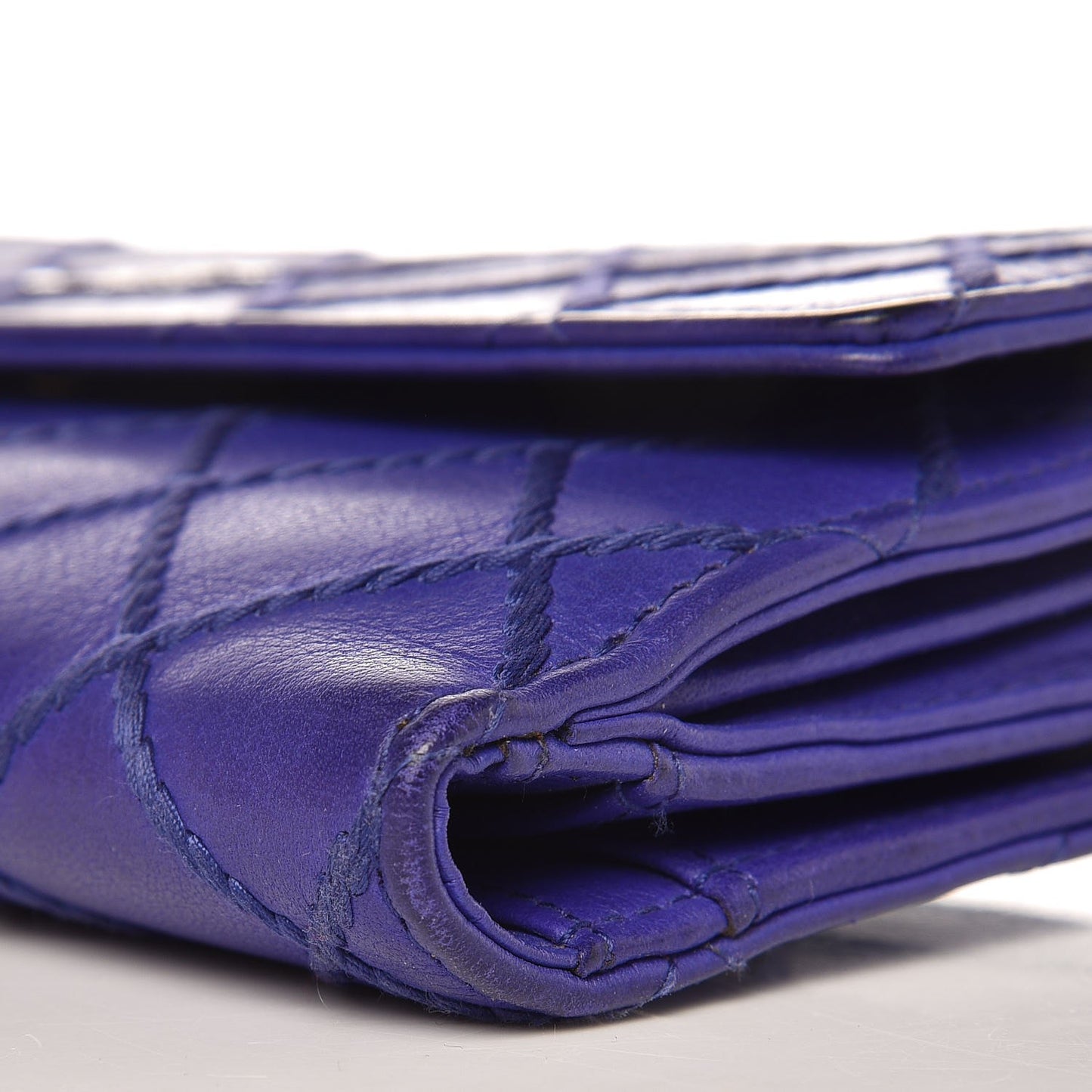 Calfskin Stitched Fancy CC Long Double Wallet Blue