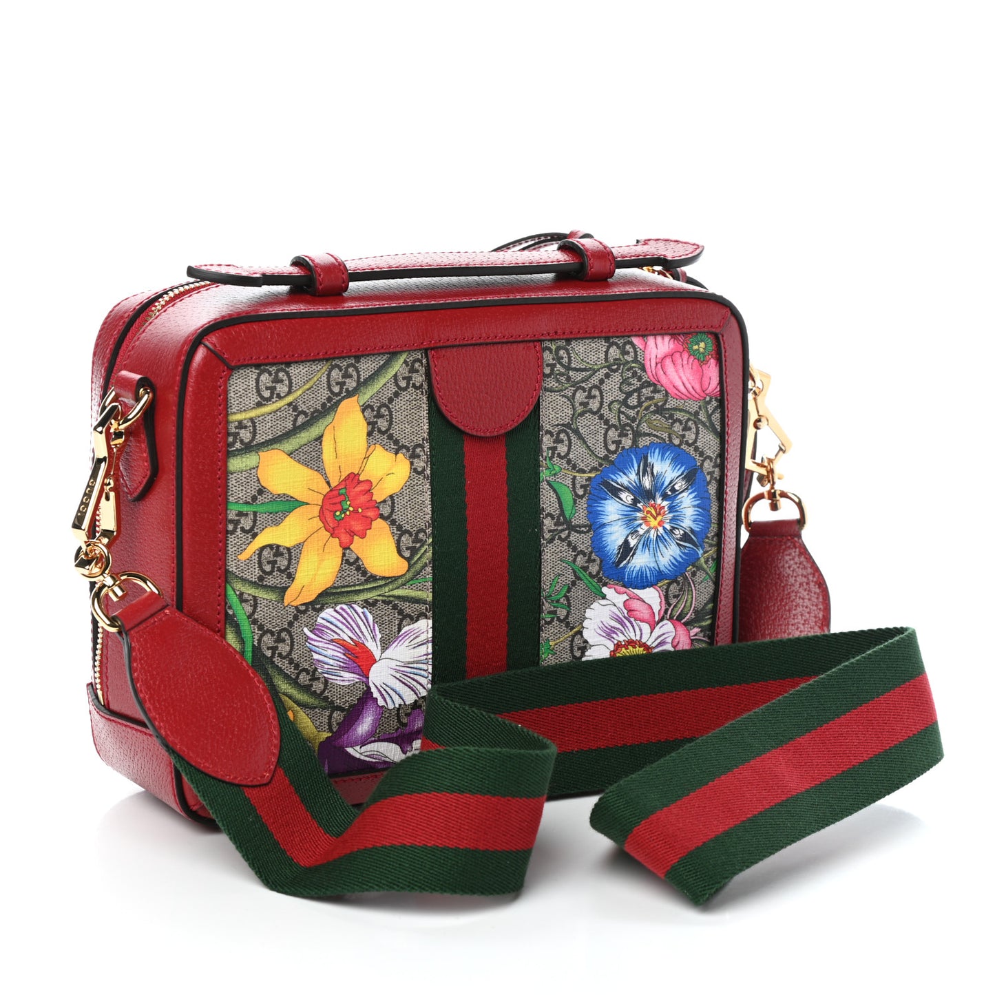 GG Supreme Monogram Flora Web Small Ophidia Top Handle Shoulder Bag Hibiscus Red