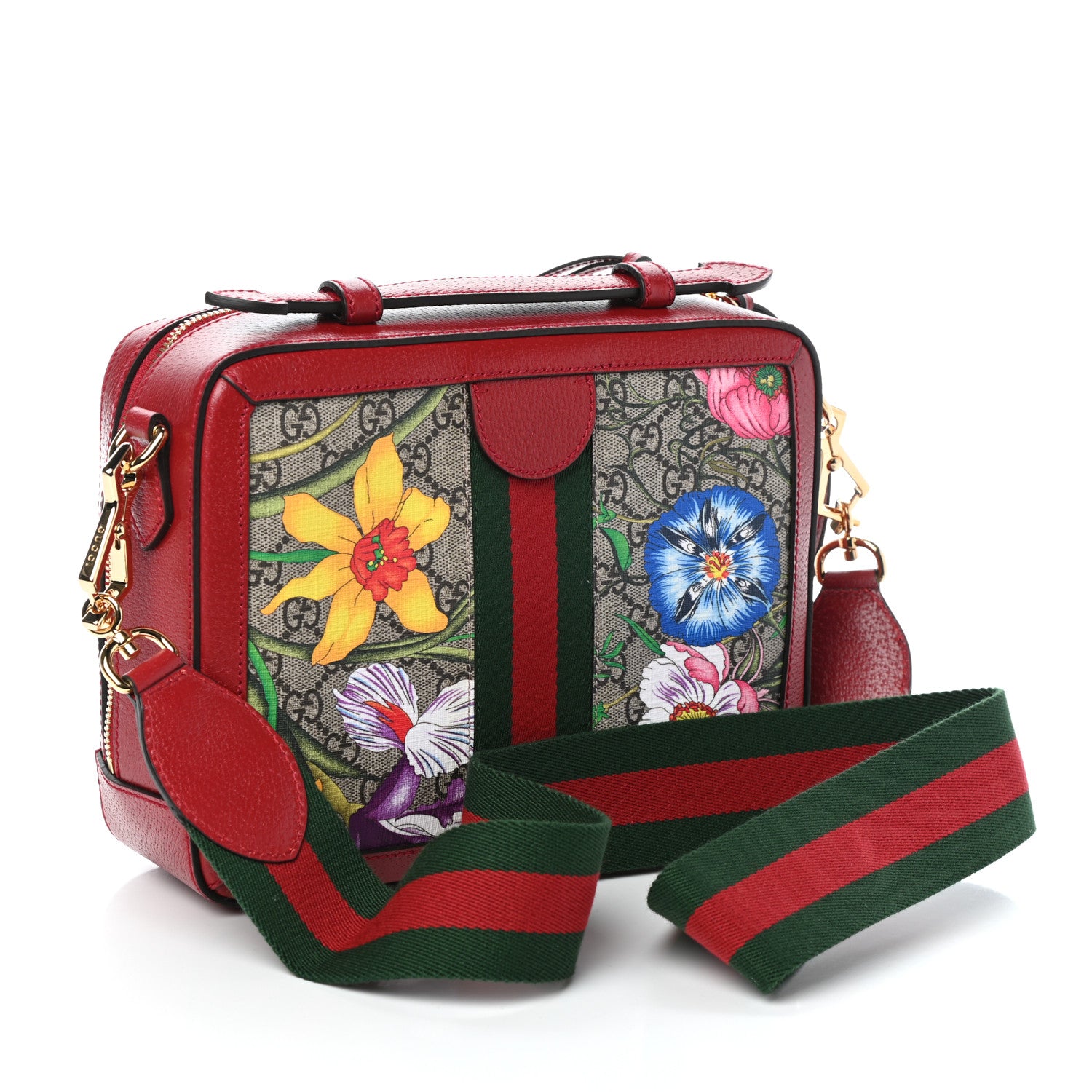 Gucci GG Supreme Monogram Flora Web Small Ophidia Top Handle Shoulder Bag Hibiscus Red 3 of 9