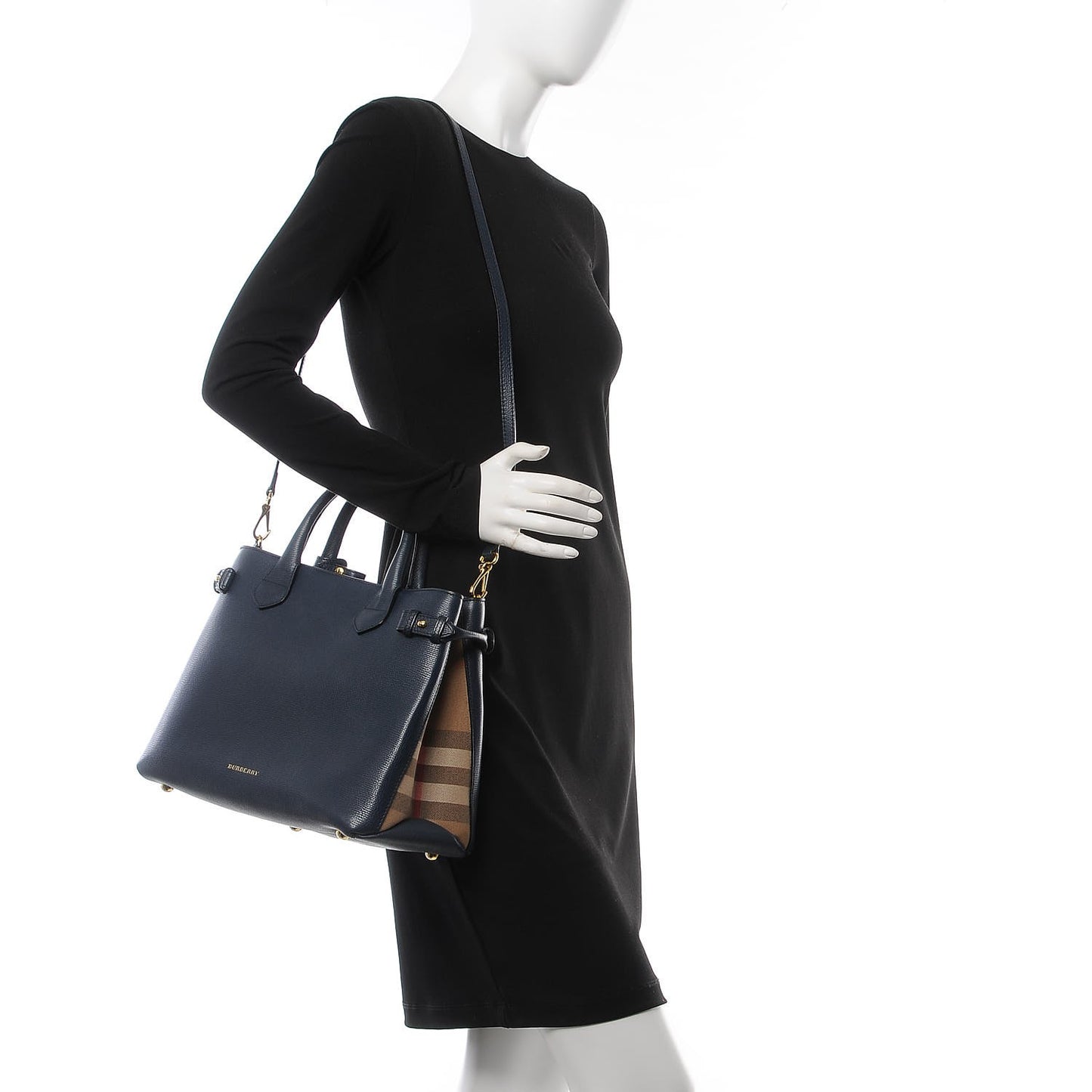 Calfskin House Check Medium Banner Tote Ink Blue