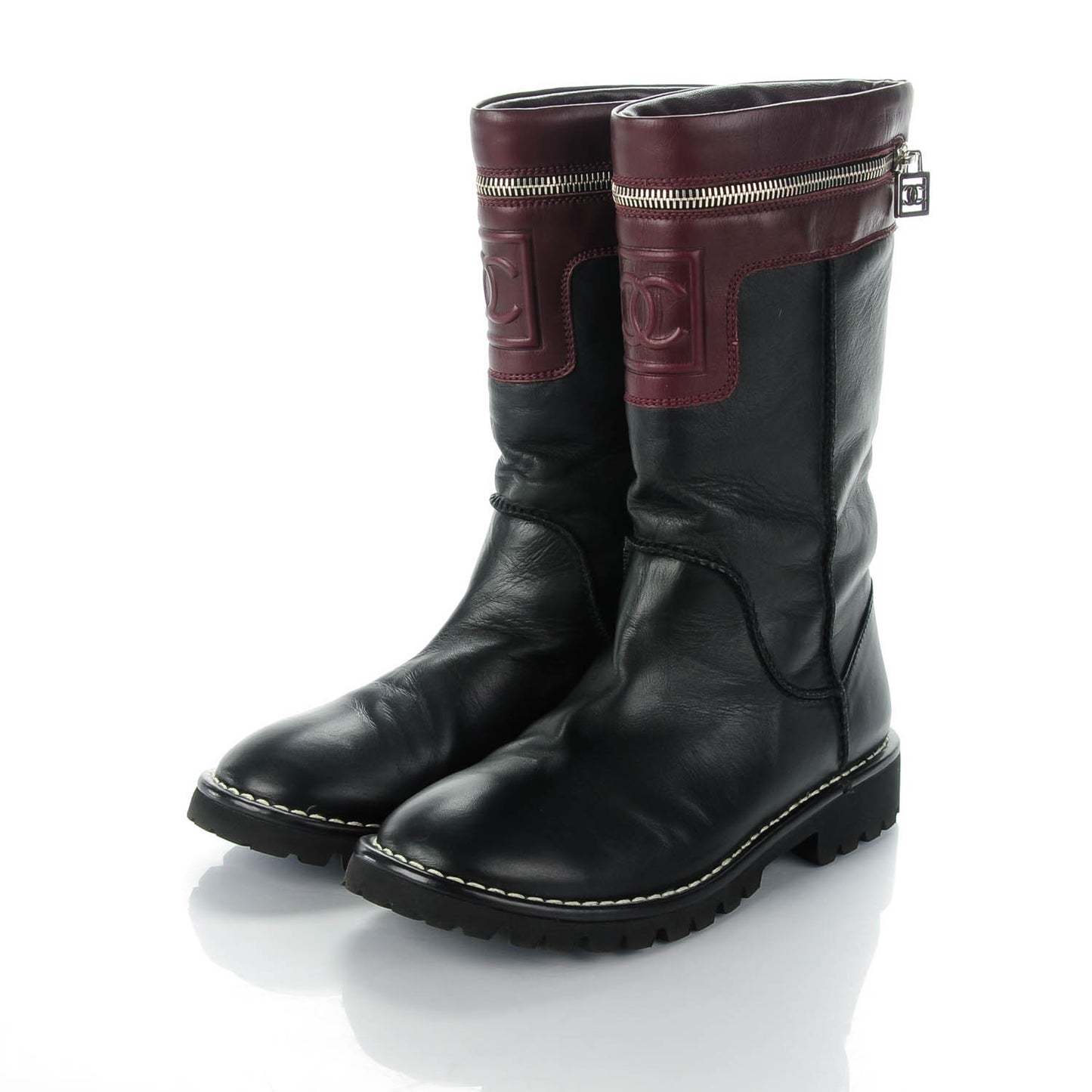 Calfskin Motorcycle Zipper Boots 37.5 Black Burgundy