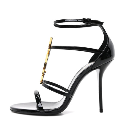 Saint Laurent Patent Cassandra 100 Ankle Strap Sandals 38 Black 1 of 9