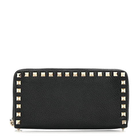 Calfskin Rockstud Zip Around Wallet Black