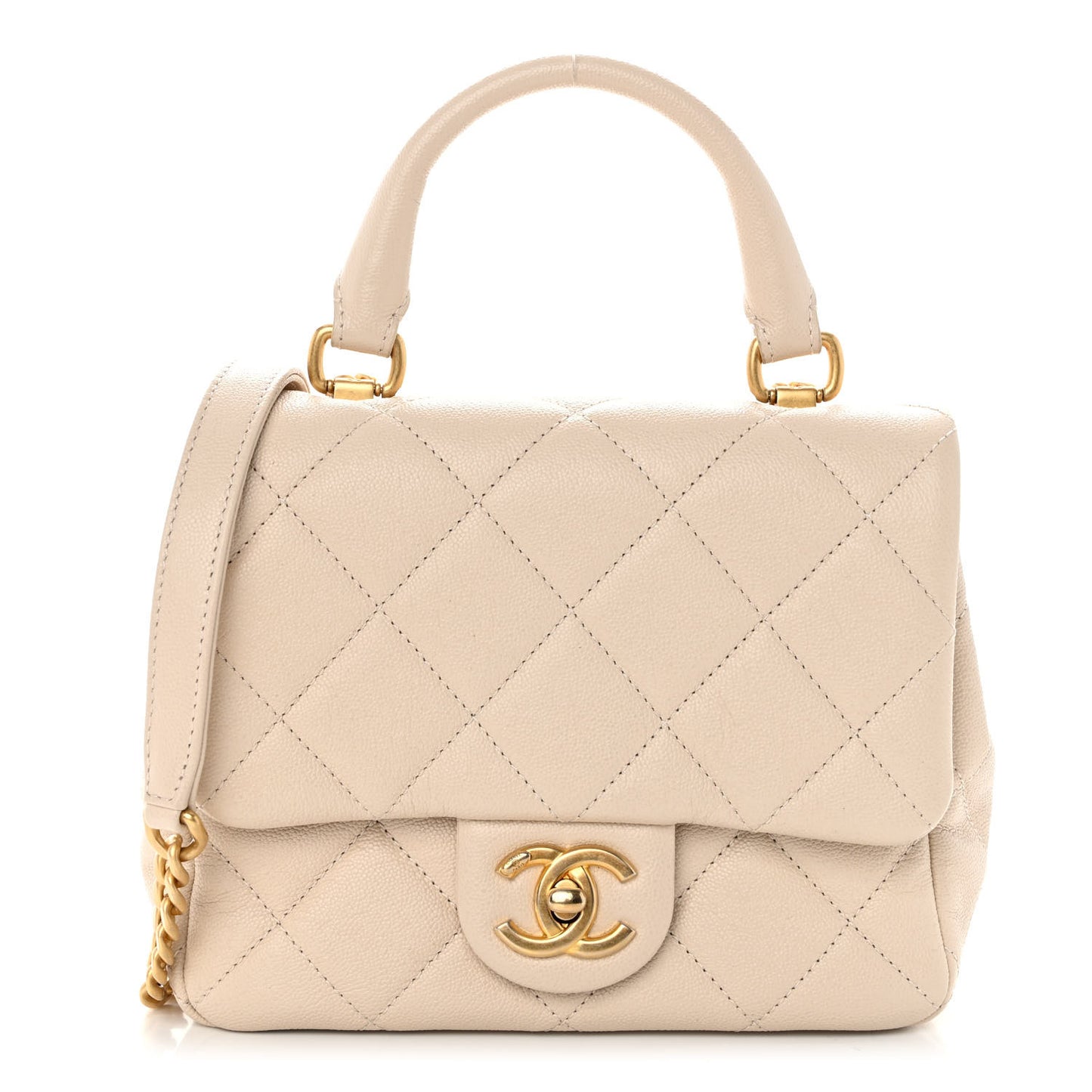 Shiny Caviar Quilted Mini Top Handle Flap Ecru