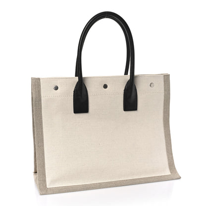 Saint Laurent Linen Calfskin Small Rive Gauche Tote Greggio Natural 3 of 8