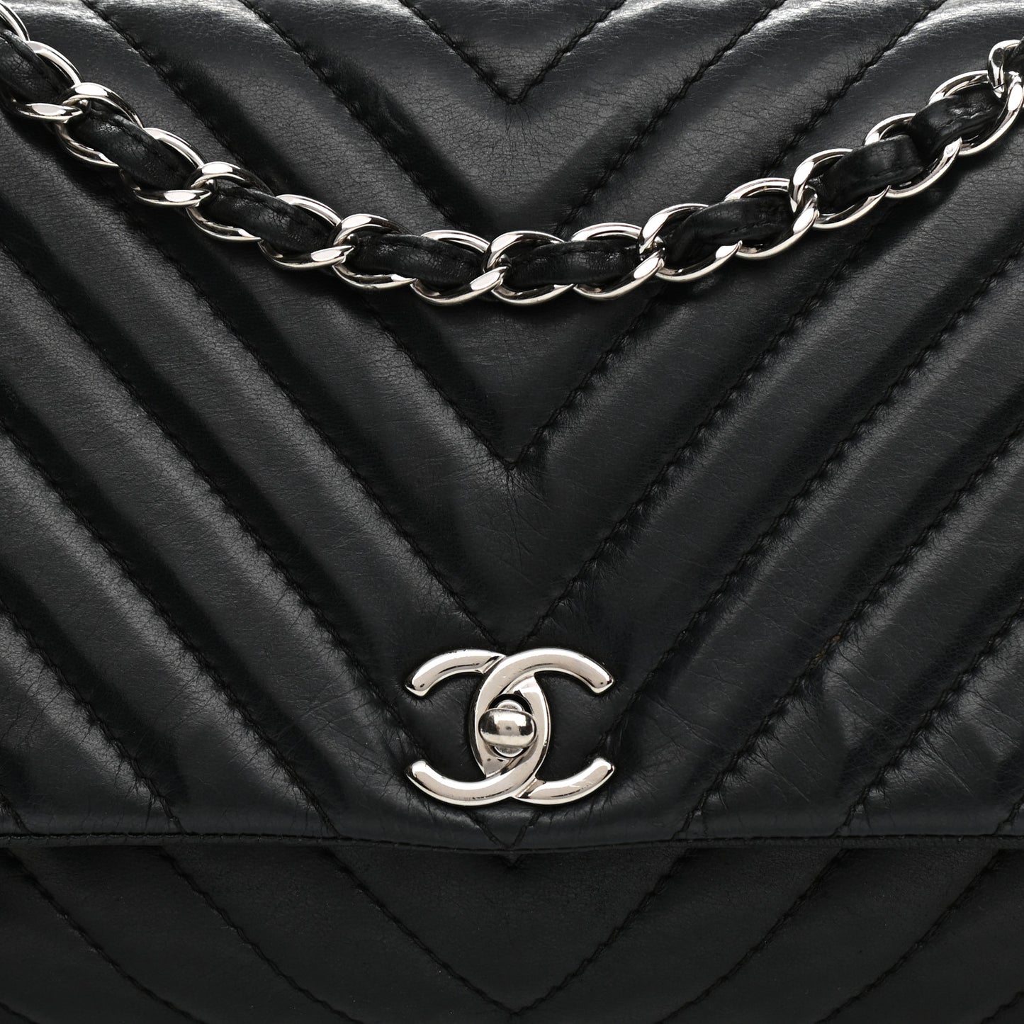Lambskin Chevron Quilted Single Flap Black