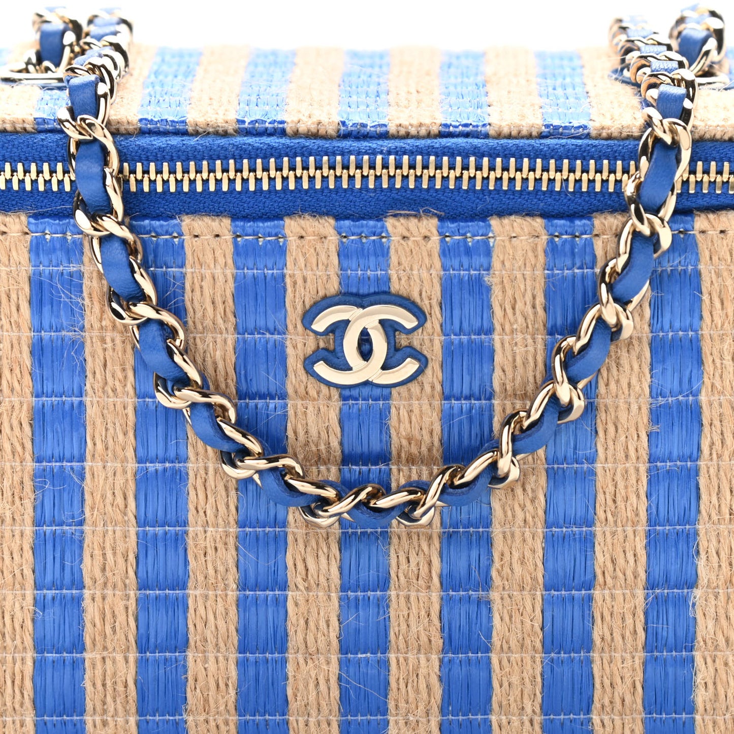Raffia Jute Striped Small Vanity Case With Chain Blue Beige