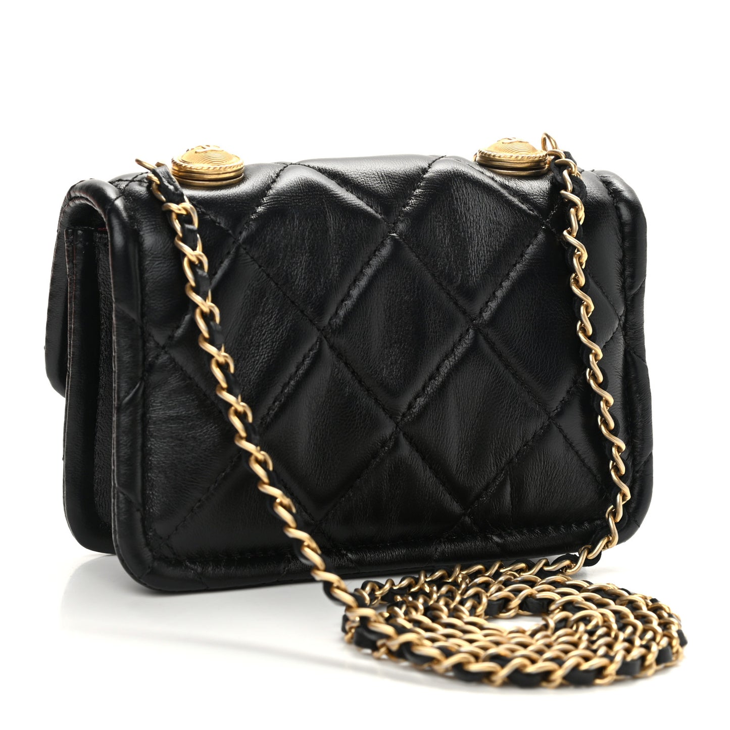 Shiny Lambskin Quilted Extra Mini Flap Black