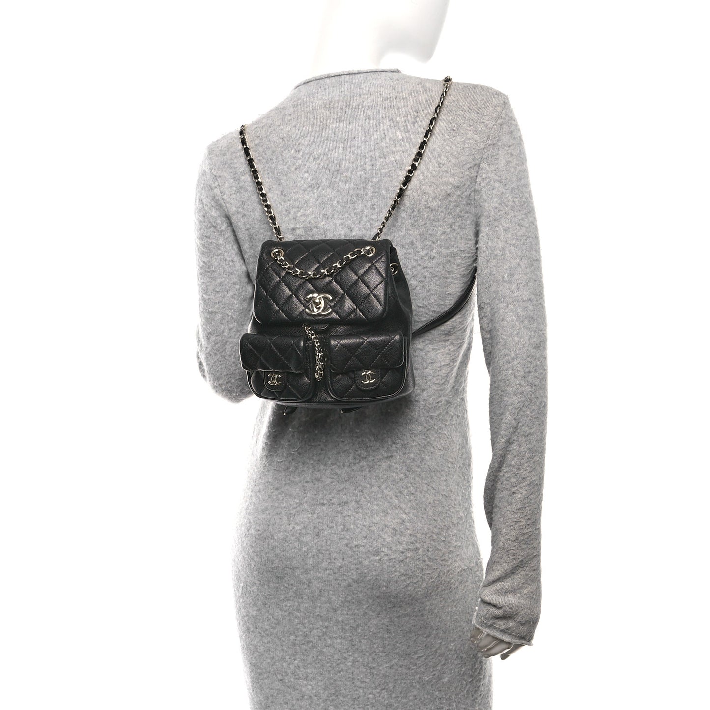 Shiny Caviar Quilted Medium Duma Pockets Drawstring Backpack Black
