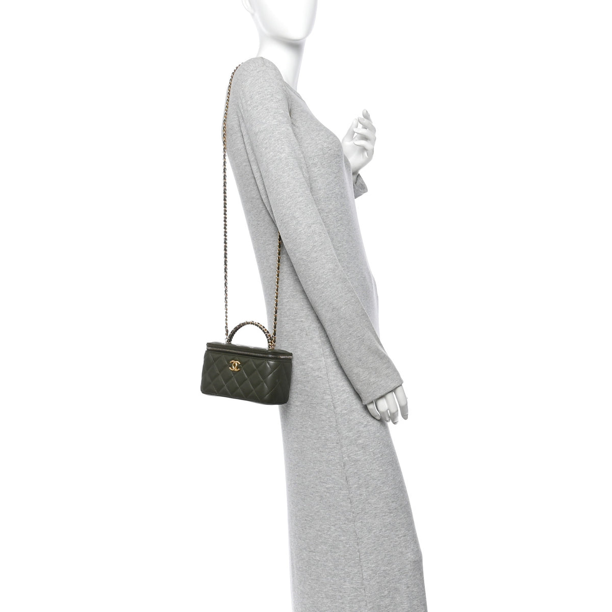 Chanel Lambskin Quilted Metal Small Top Handle Vanity Case With Chain Dark Khaki 2 of 11