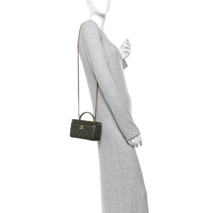 Chanel Lambskin Quilted Metal Small Top Handle Vanity Case With Chain Dark Khaki 2 of 11