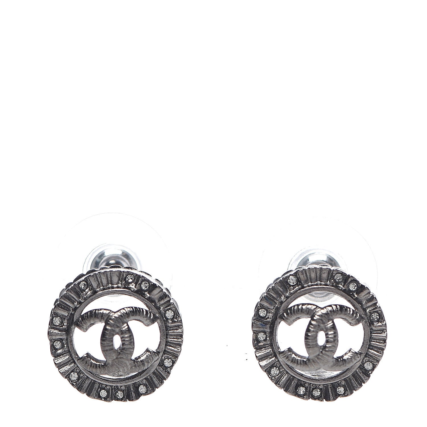 Chanel Ruthenium Crystal CC Round Earrings Silver 1 of 5
