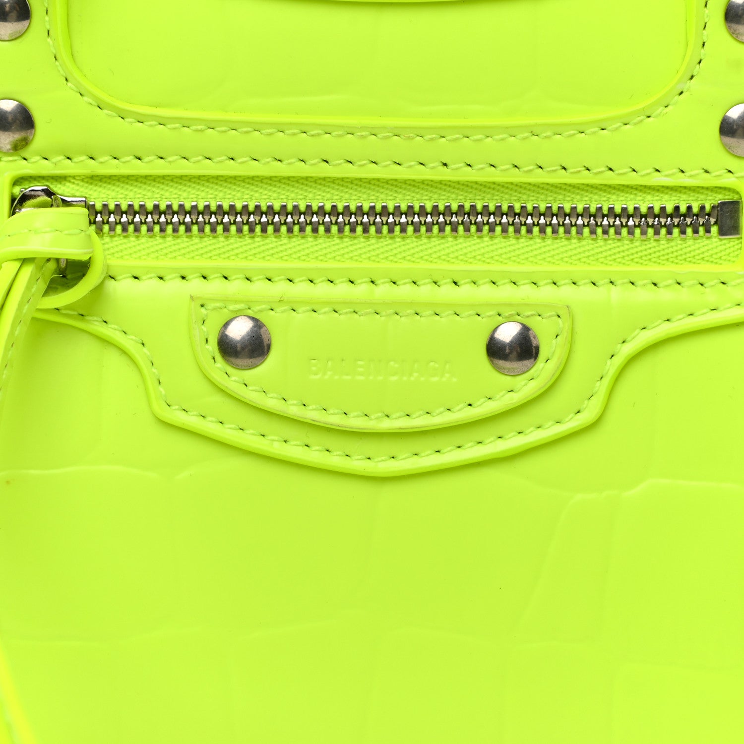 Balenciaga Semi Shiny Calfskin Crocodile Embossed Neo Classic Silver Hardware Mini City Fluo Yellow 7 of 18
