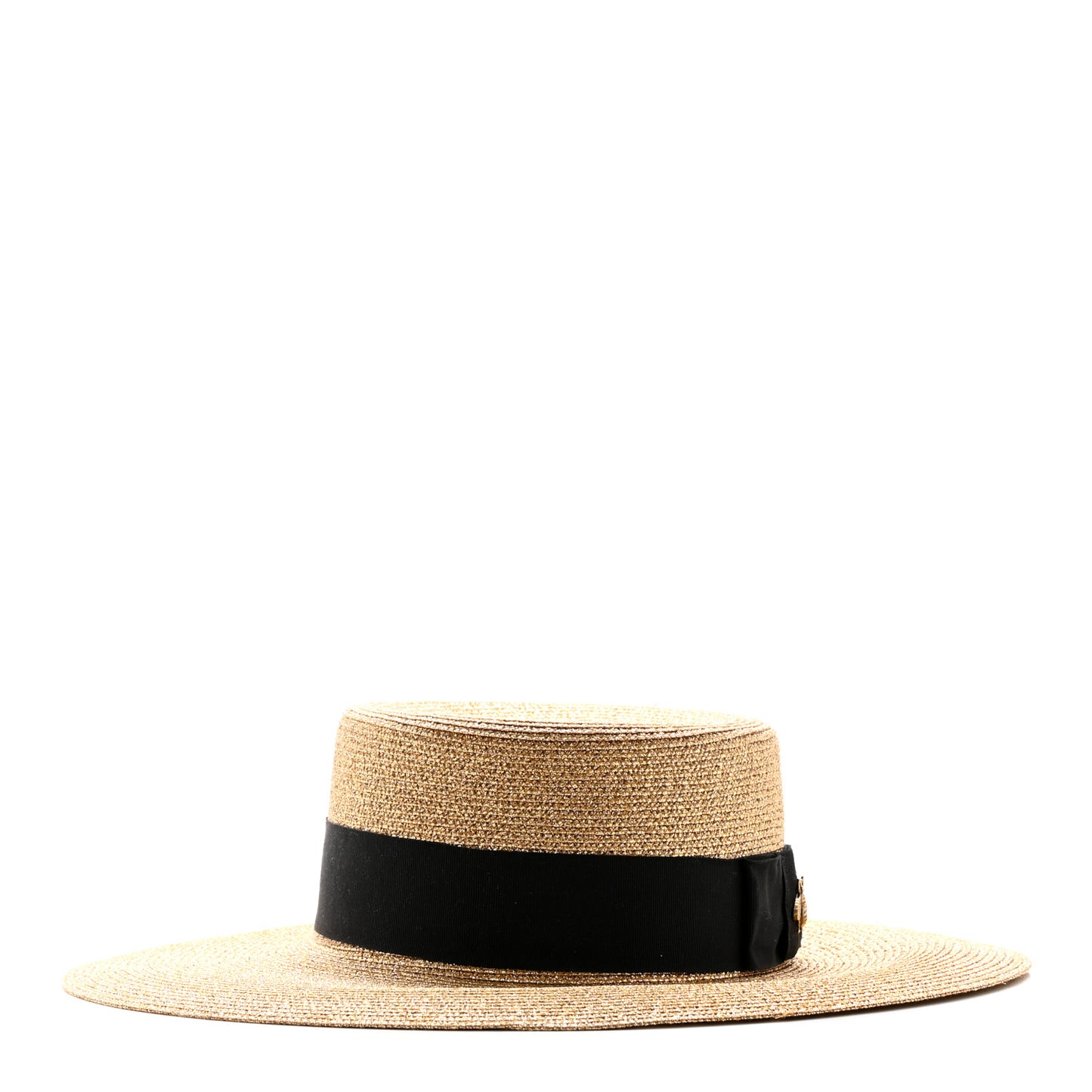 Glittered Straw Grosgrain Wide Brim Hat L Gold Black