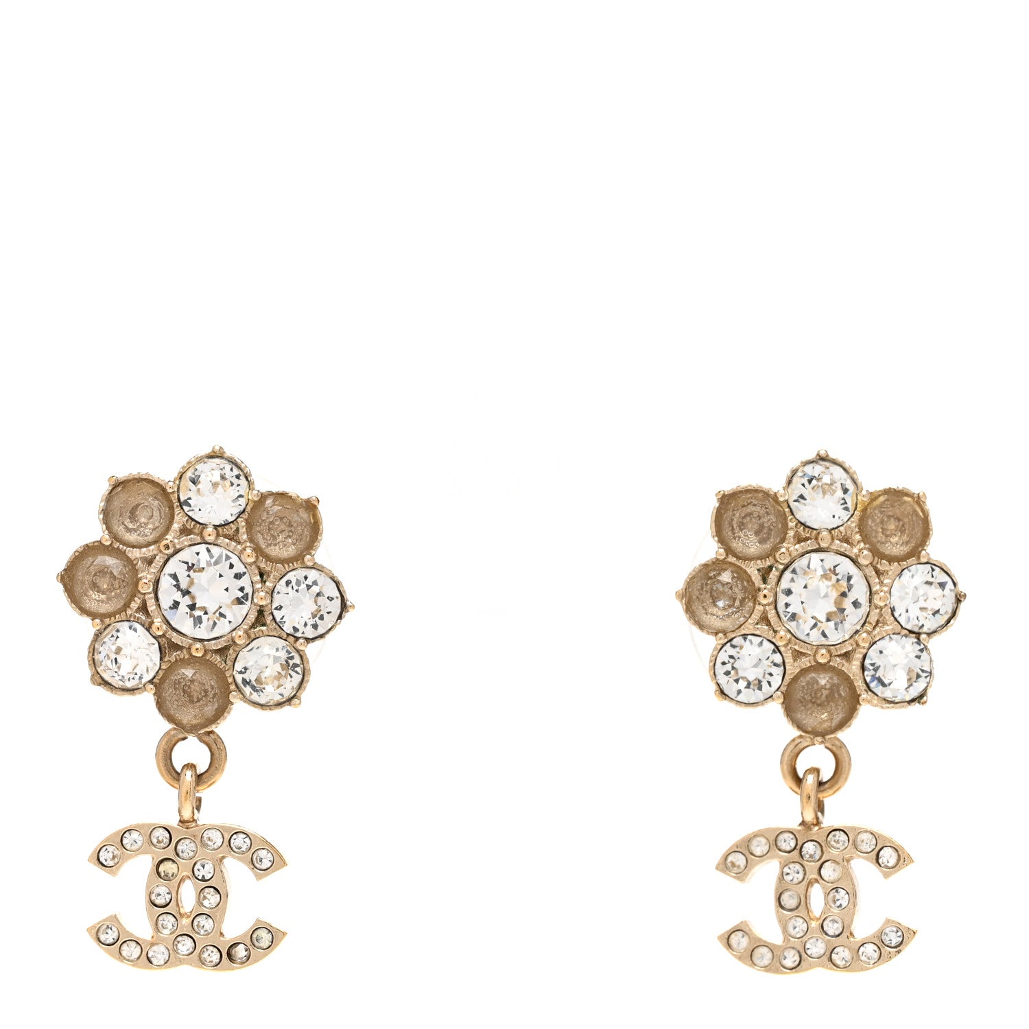 Chanel Crystal Camellia Drop CC Drop Earrings Gold 1 of 5