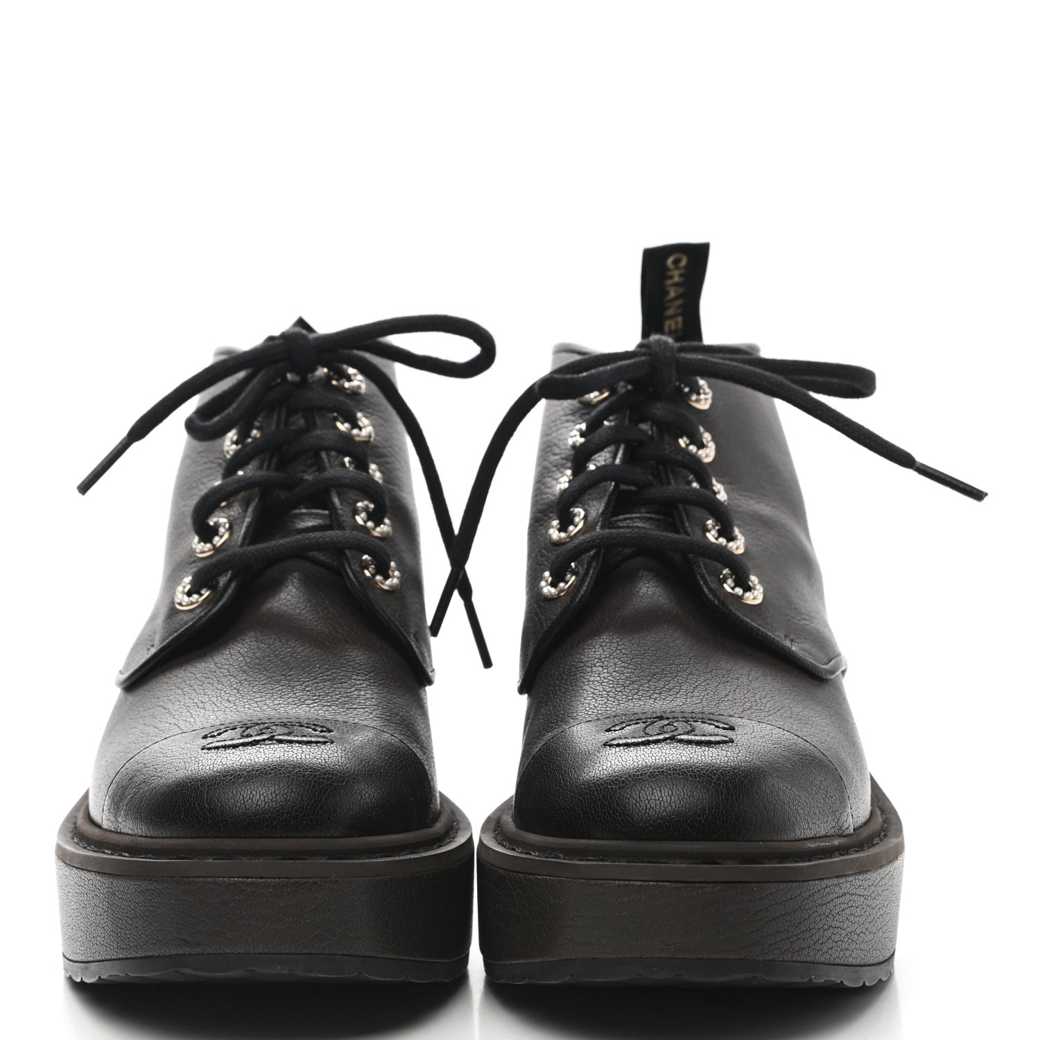 Chanel Goatskin Pearl Lace Up CC Short Boots 40 Brown Black 2 of 9