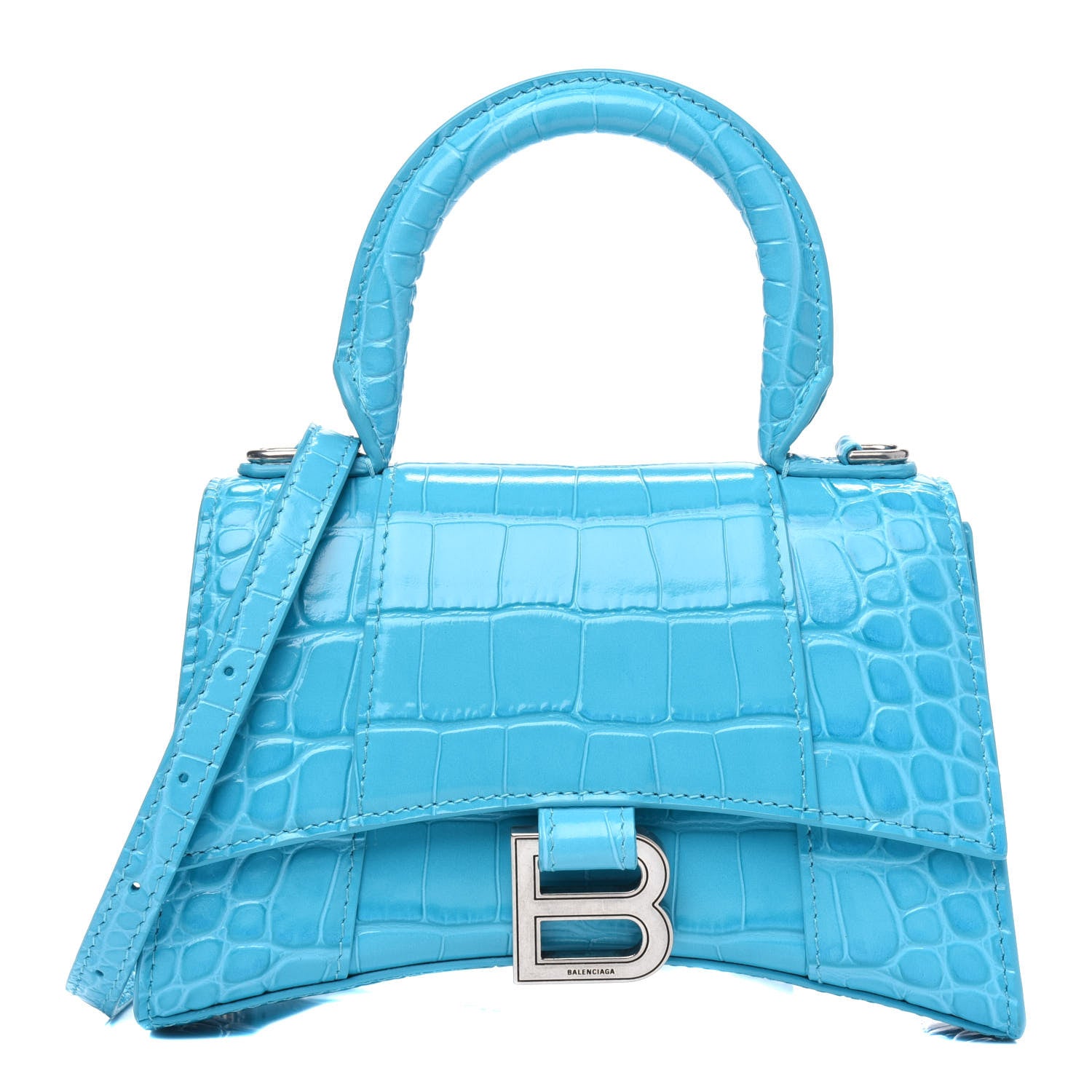 Balenciaga Shiny Calfskin Crocodile Embossed Hourglass Top Handle Bag XS Turquoise 1 of 4