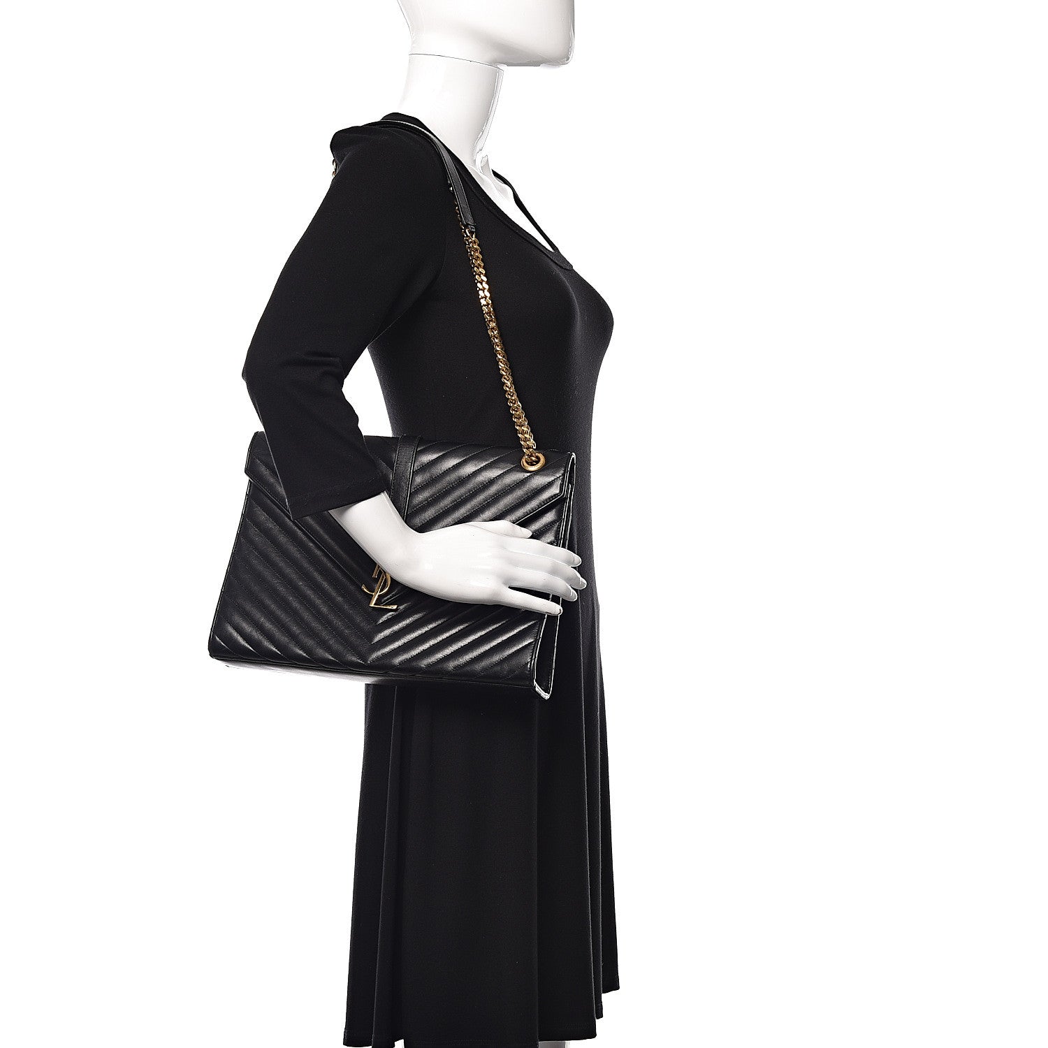 Saint Laurent Smooth Calfskin Matelasse Chevron Large Monogram Satchel Black 2 of 9