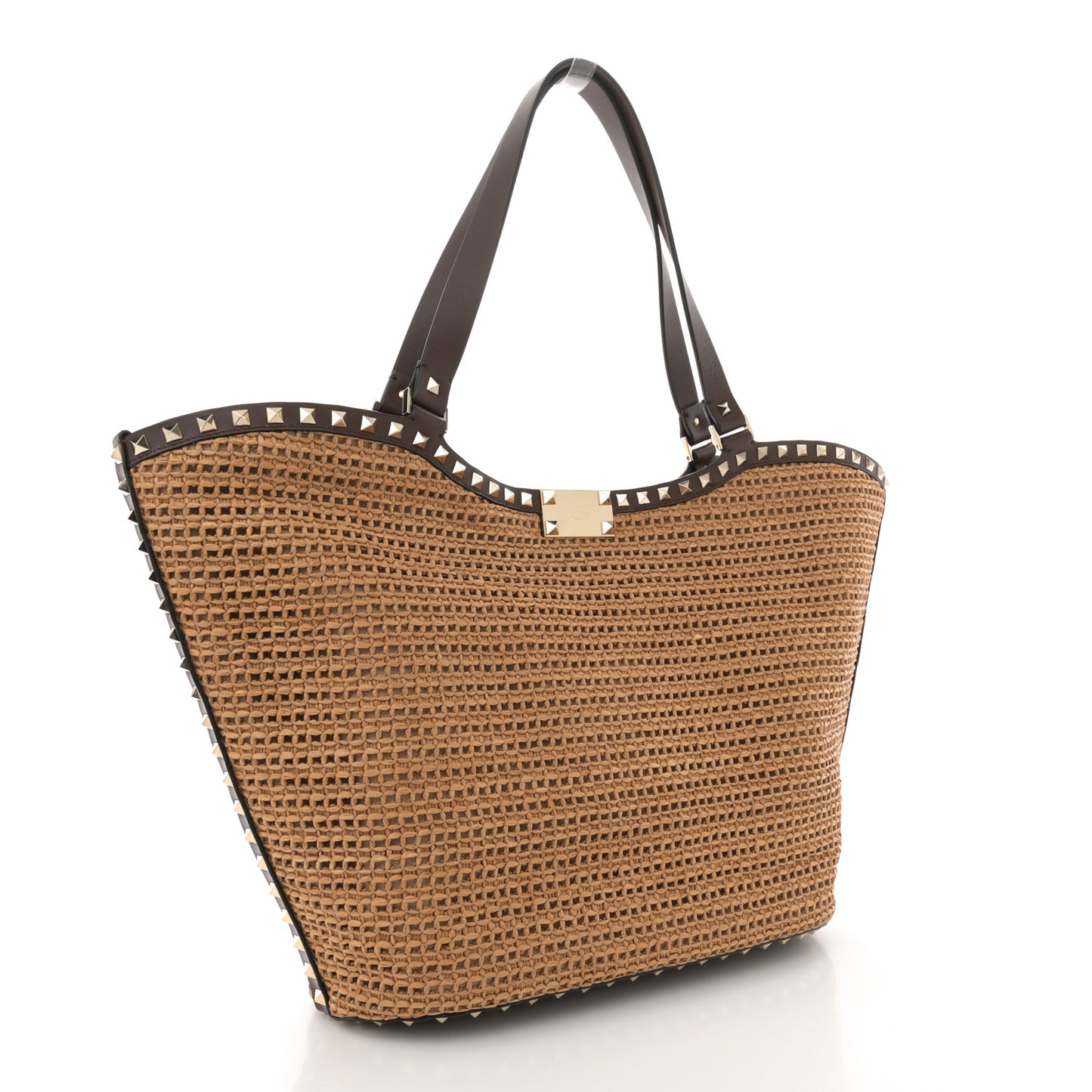 Synthetic Raffia Calfskin Rockstud Garden Tote Bag Tobacco Cacao