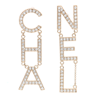 Chanel Crystal Cha-Nel Logo Drop Earrings Gold 1 of 5