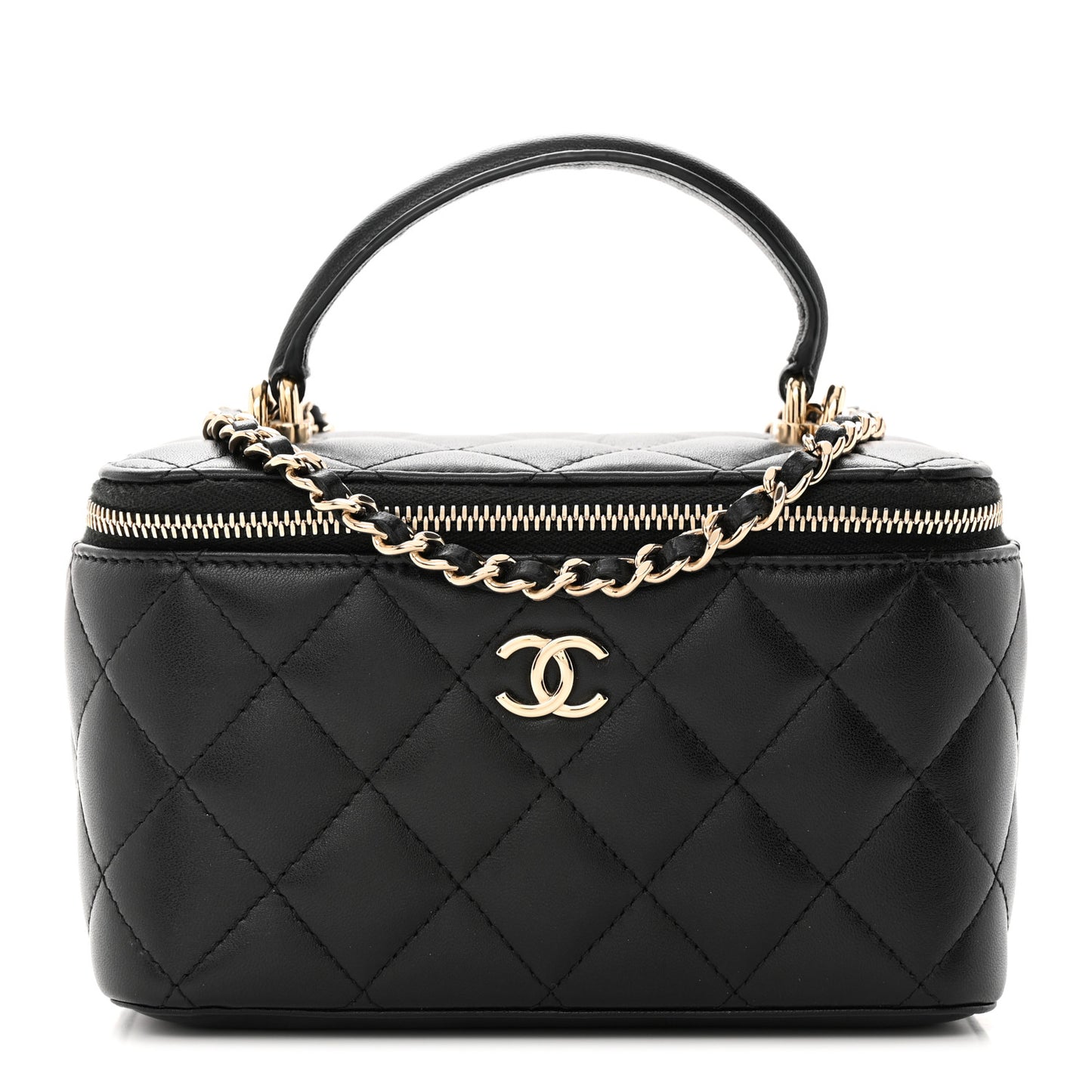 Lambskin Quilted Small Top Handle Vanity Case With Chain Black