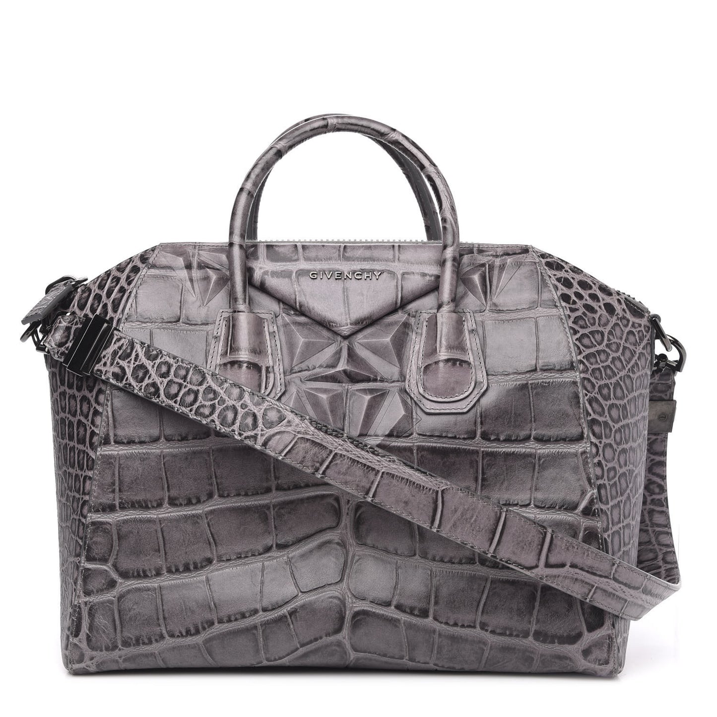 Calfskin Crocodile Embossed 3D Stud Medium Antigona Storm Grey