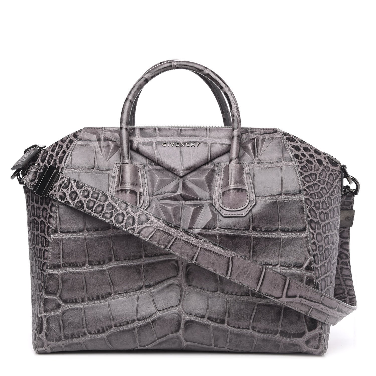 Givenchy Calfskin Crocodile Embossed 3D Stud Medium Antigona Storm Grey 1 of 12