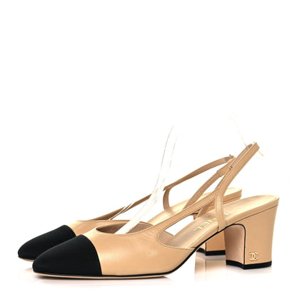 Chanel Goatskin Grosgrain Cap Toe CC Slingback Pumps 40 Beige Black 3 of 8