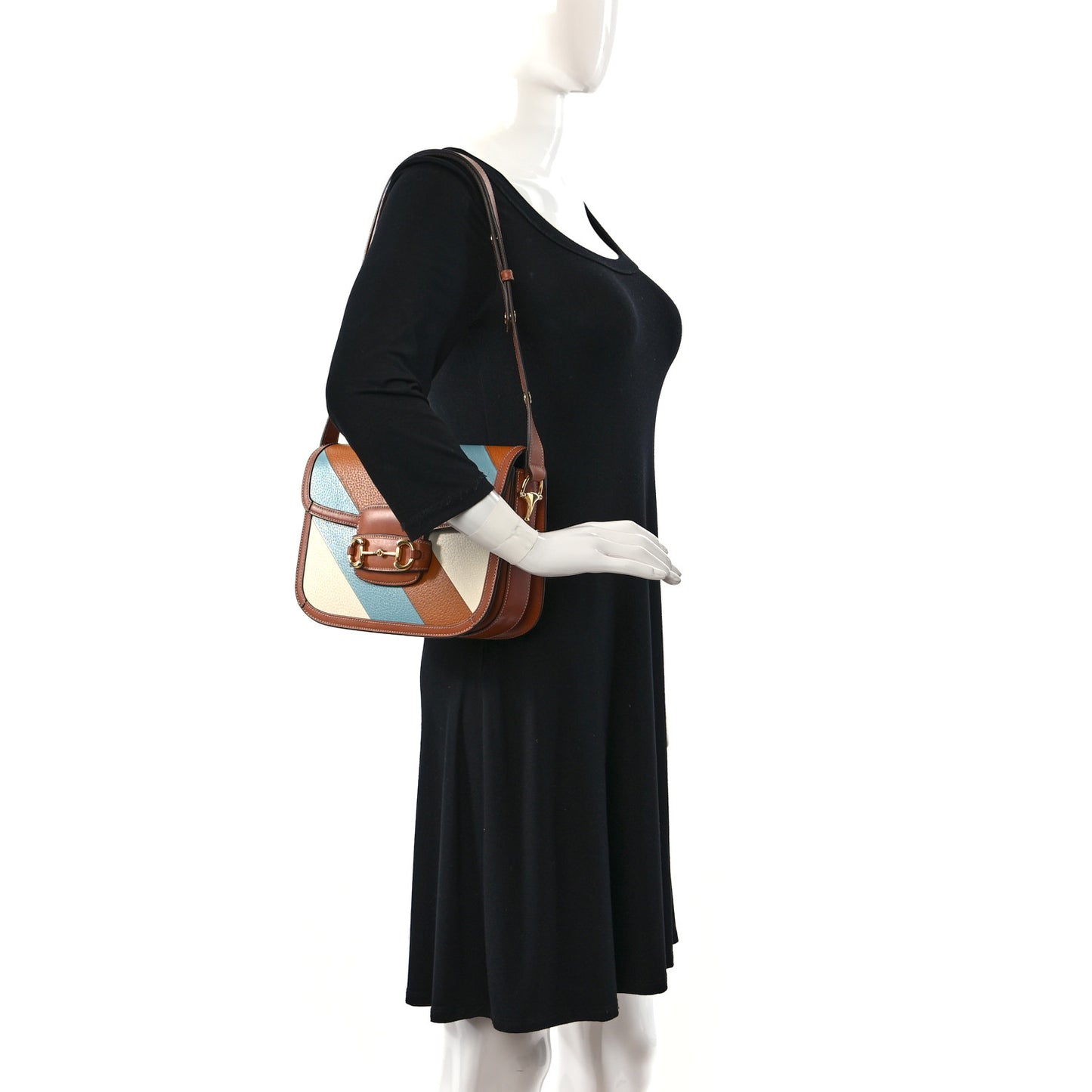 X DANS LE VERT Textured Dollar Calfskin Horsebit 1955 Shoulder Bag Dusty Azure Harness Brown Mystic White