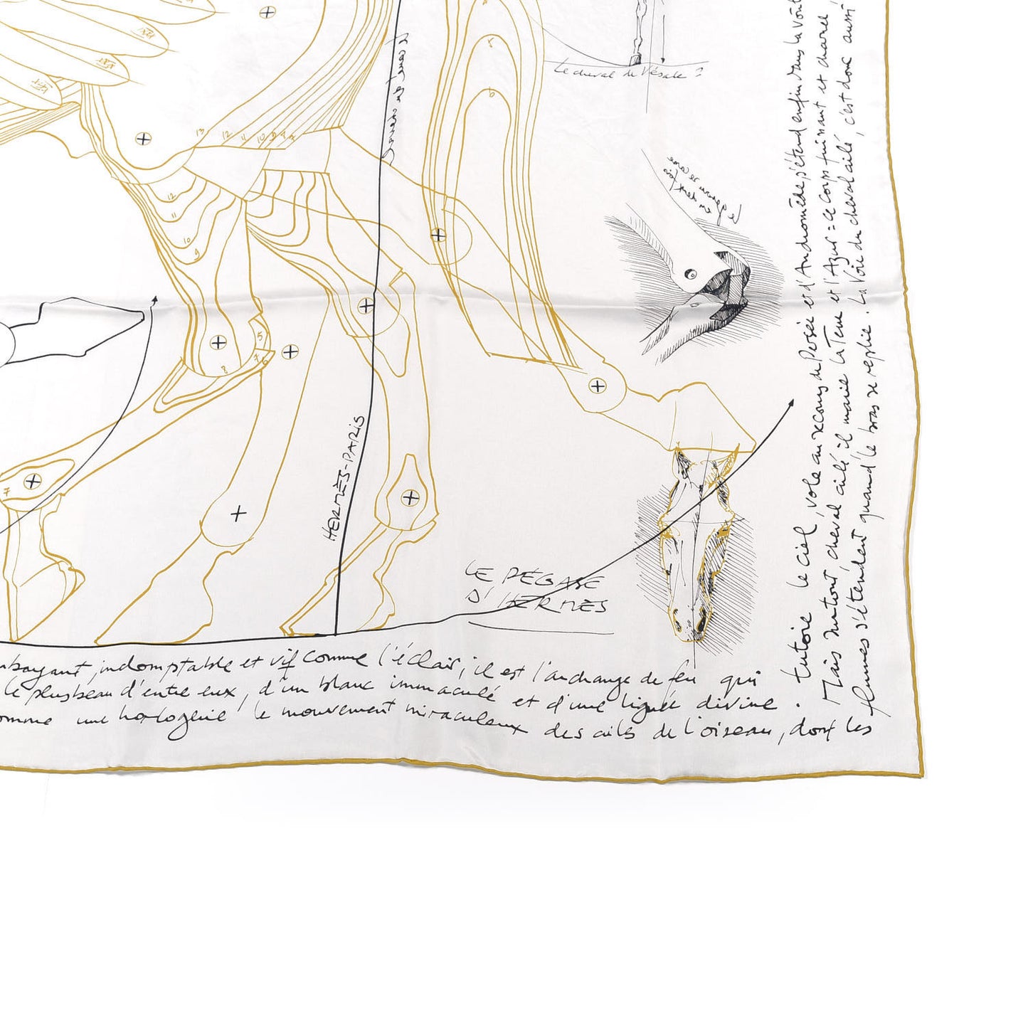 Silk Le Pegase d'Hermes Cut Wash 140 Scarf Black White Or