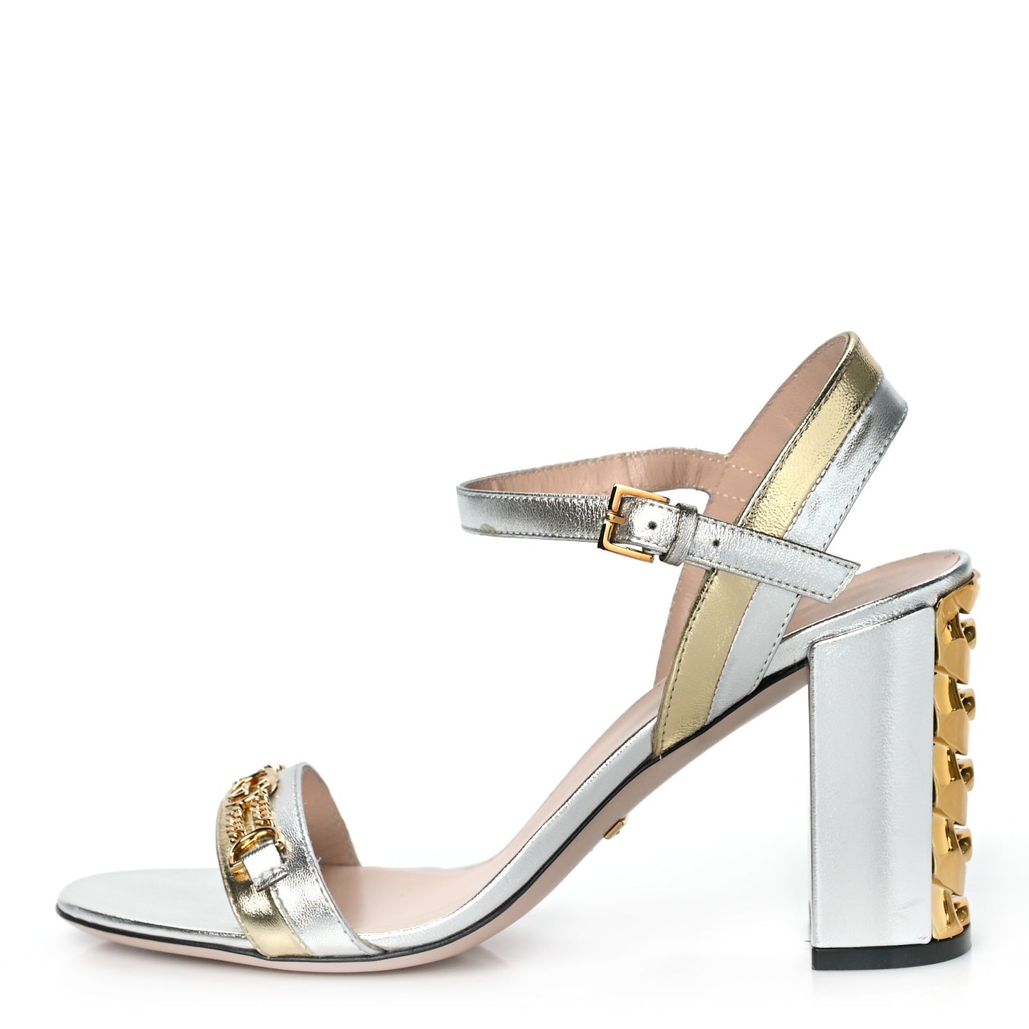 Metallic Nappa Ava Chain Heel Sandals 36 Silver Gold