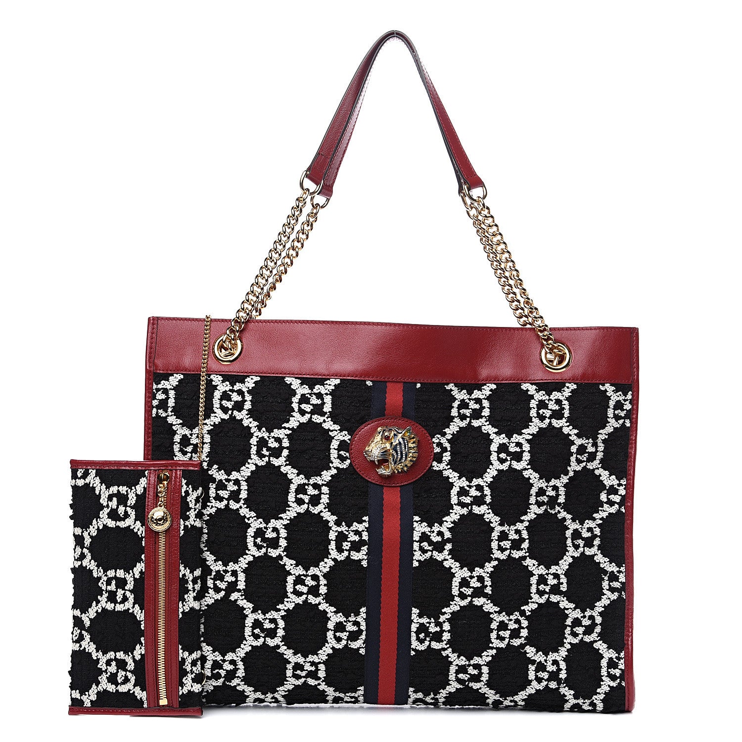 Gucci Tweed GG Monogram Large Rajah Chain Tote Romantic Cherry Black White 1 of 10